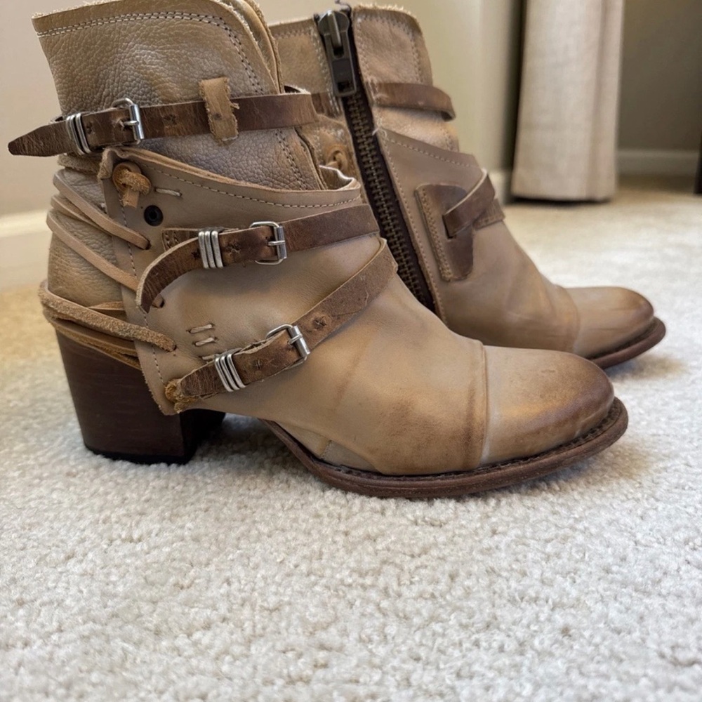 Freebird Beige Leather Ankle Boots with Strap Detail